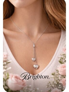 Brighton Shower of Hearts Lariat Necklace Silver Tone Double Heart Drop Retired